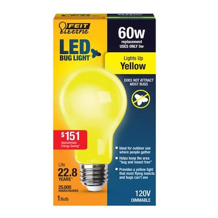 Feit Electric Feit A19 E26 (Medium) LED Bug Light Yellow 60 Watt Equivalence 1 pk A19/BUG/LED/BX